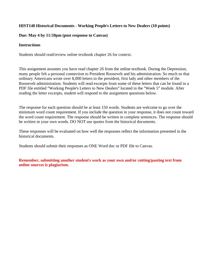 Assignment on Working People's Letters to New Dealers