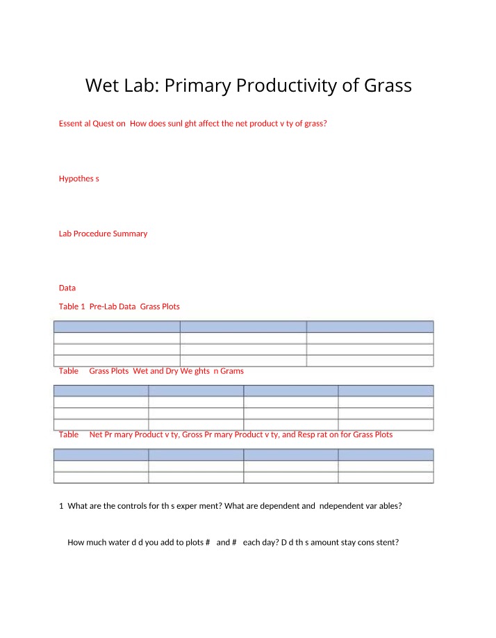 Wet Lab Primary Productivity Grass Data