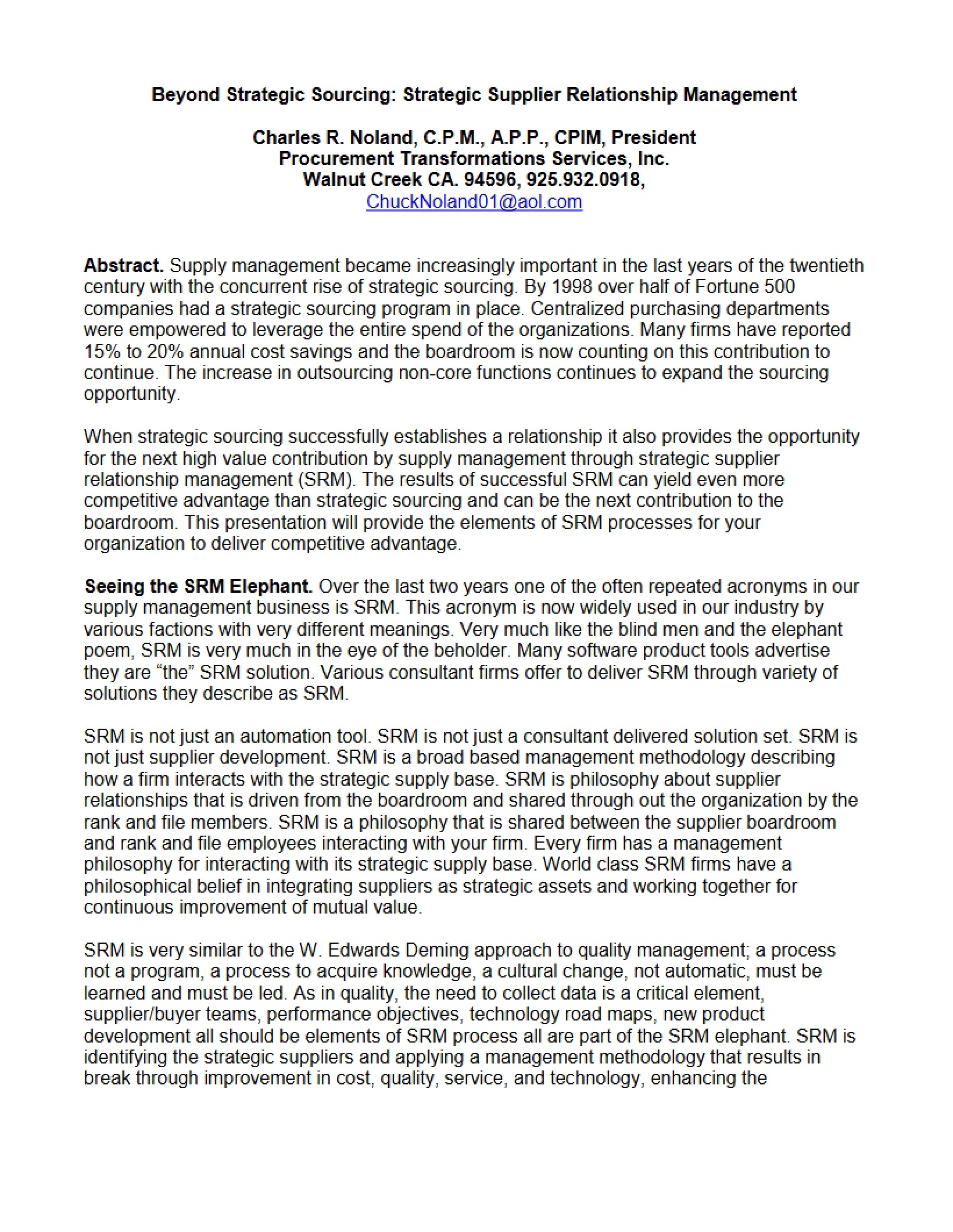 Supplier Relationship Management and Strategic Sourcing