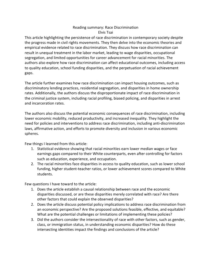 Reading Summary - Race Discrimination