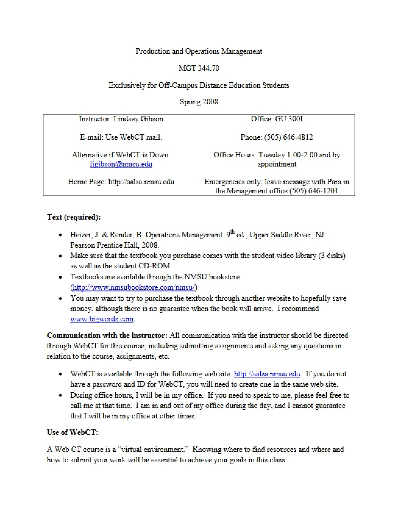 Production and Operations Management Syllabus - Spring 2008 - Gibson