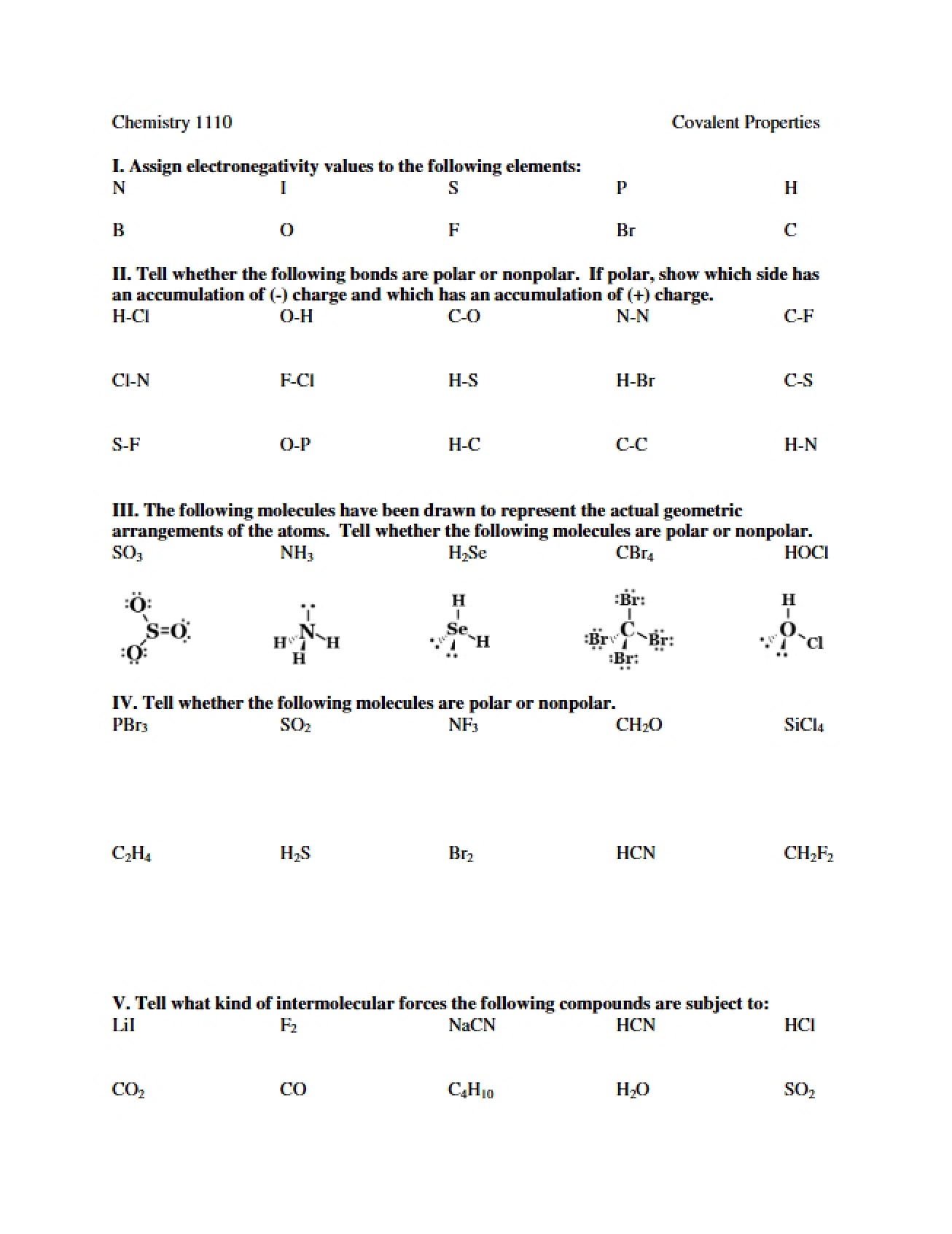 Worksheet on Covalent Properties
