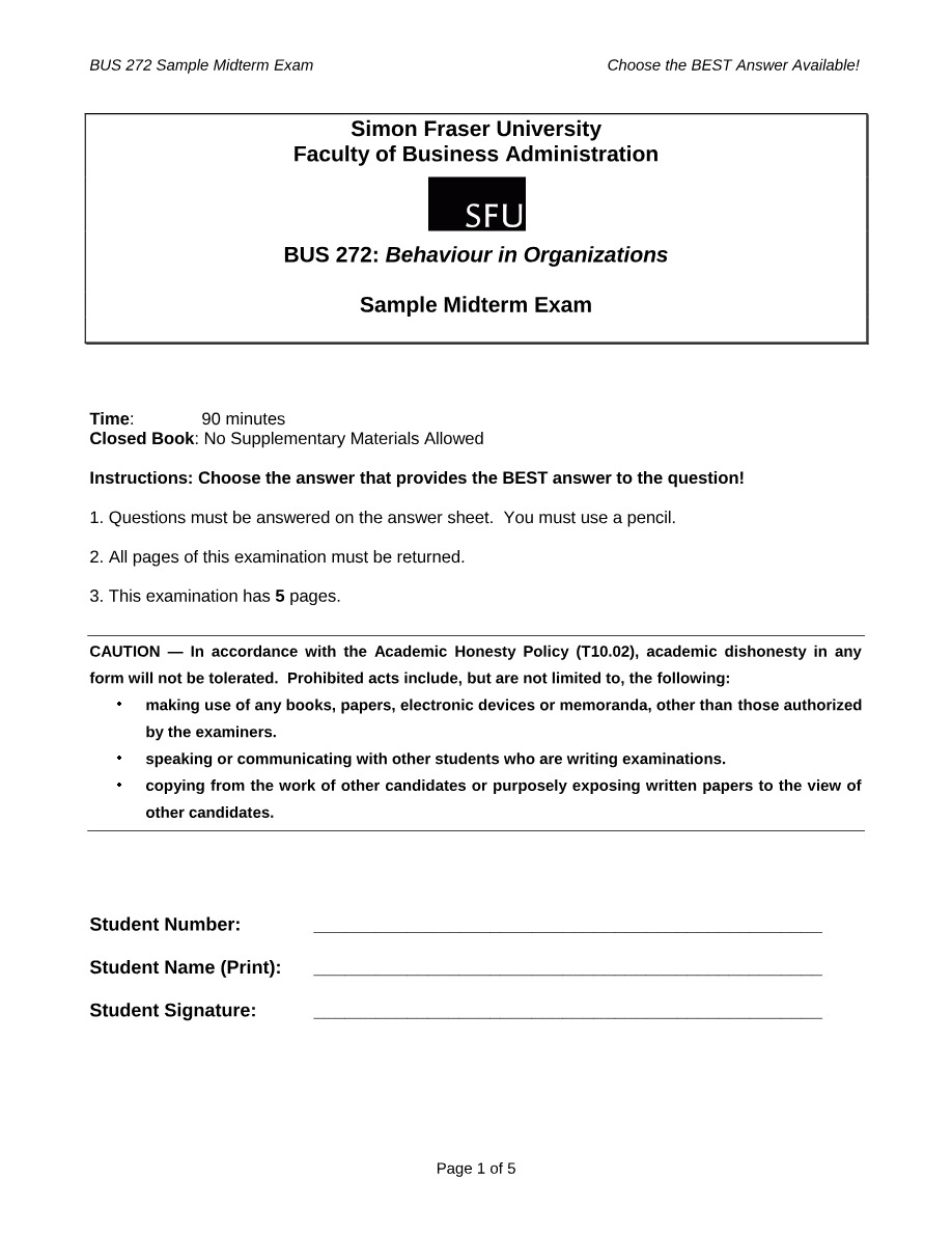 Midterm Exam Sample Questions for BUS 272