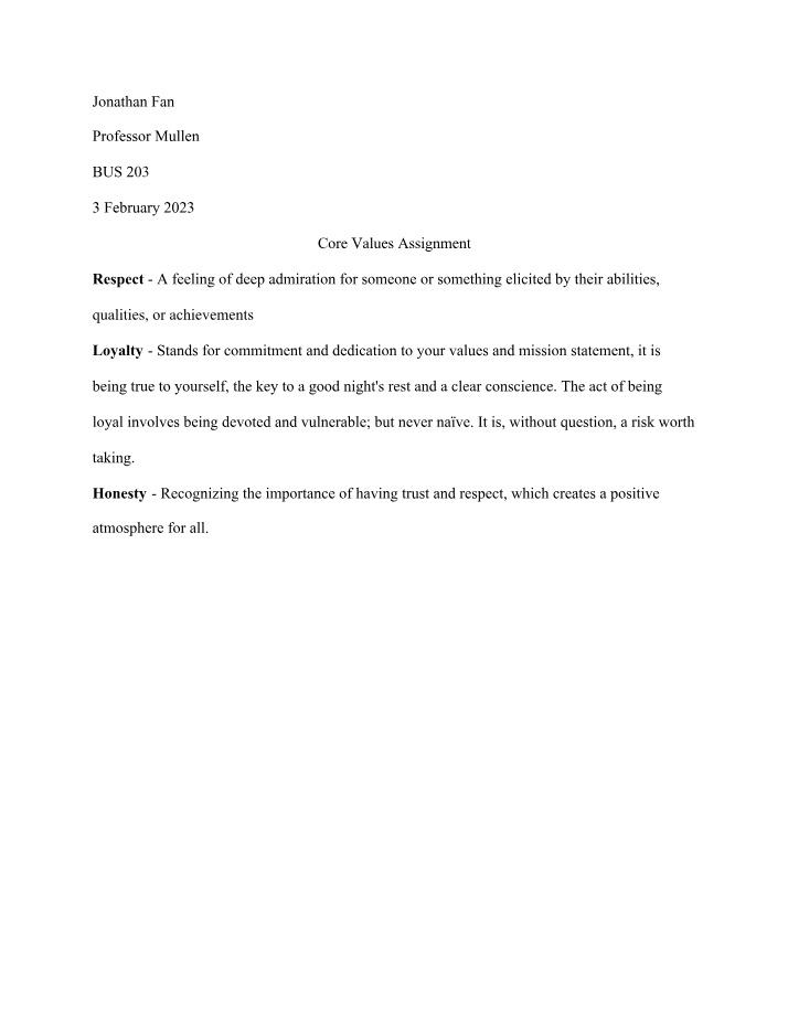 Assignment on Core Values