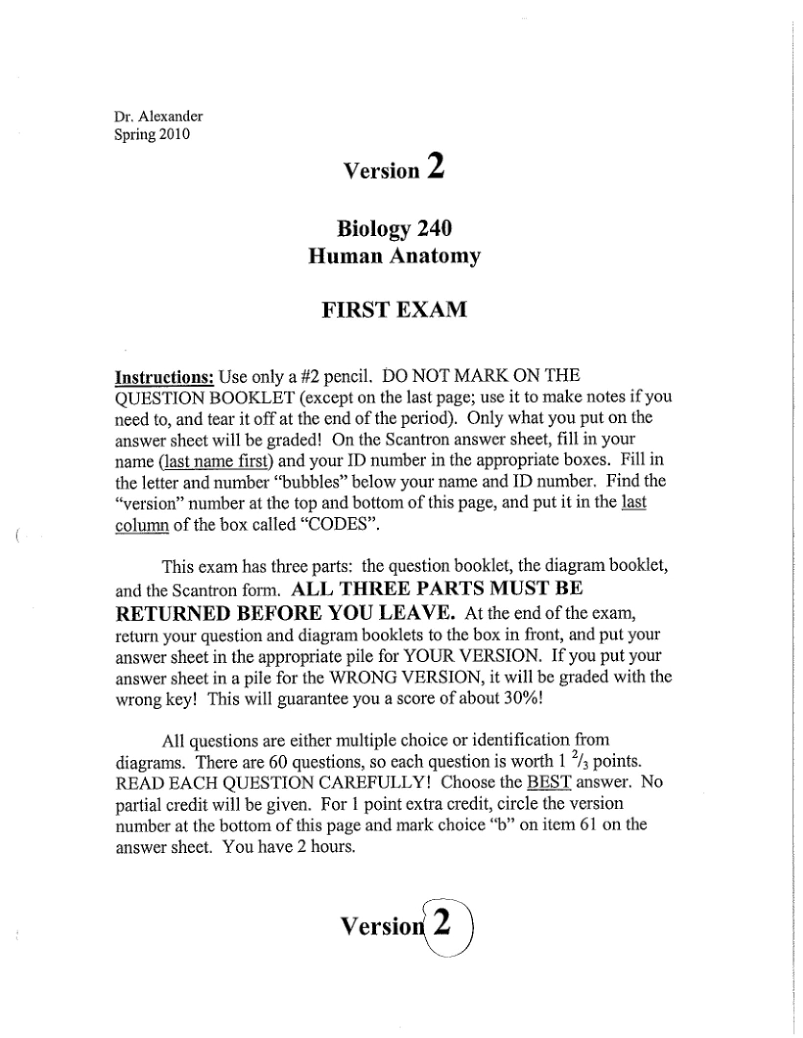 Exams One and Two (Spring 2010)