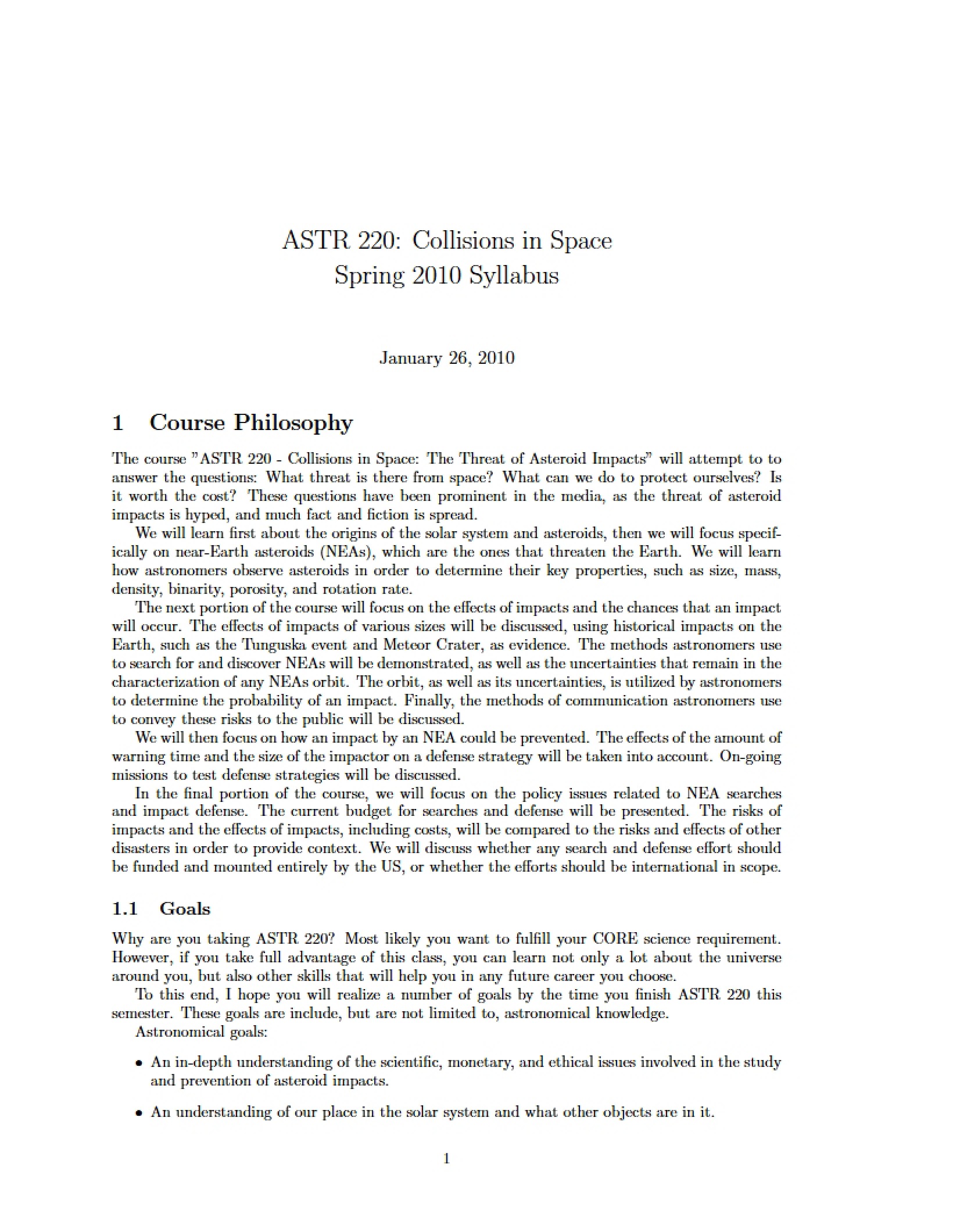 Collisions in Space Syllabus