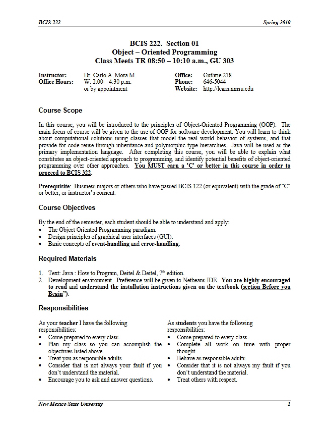Object-Oriented Programming Syllabus from Spring 2010 by Dr. Carlo Mora