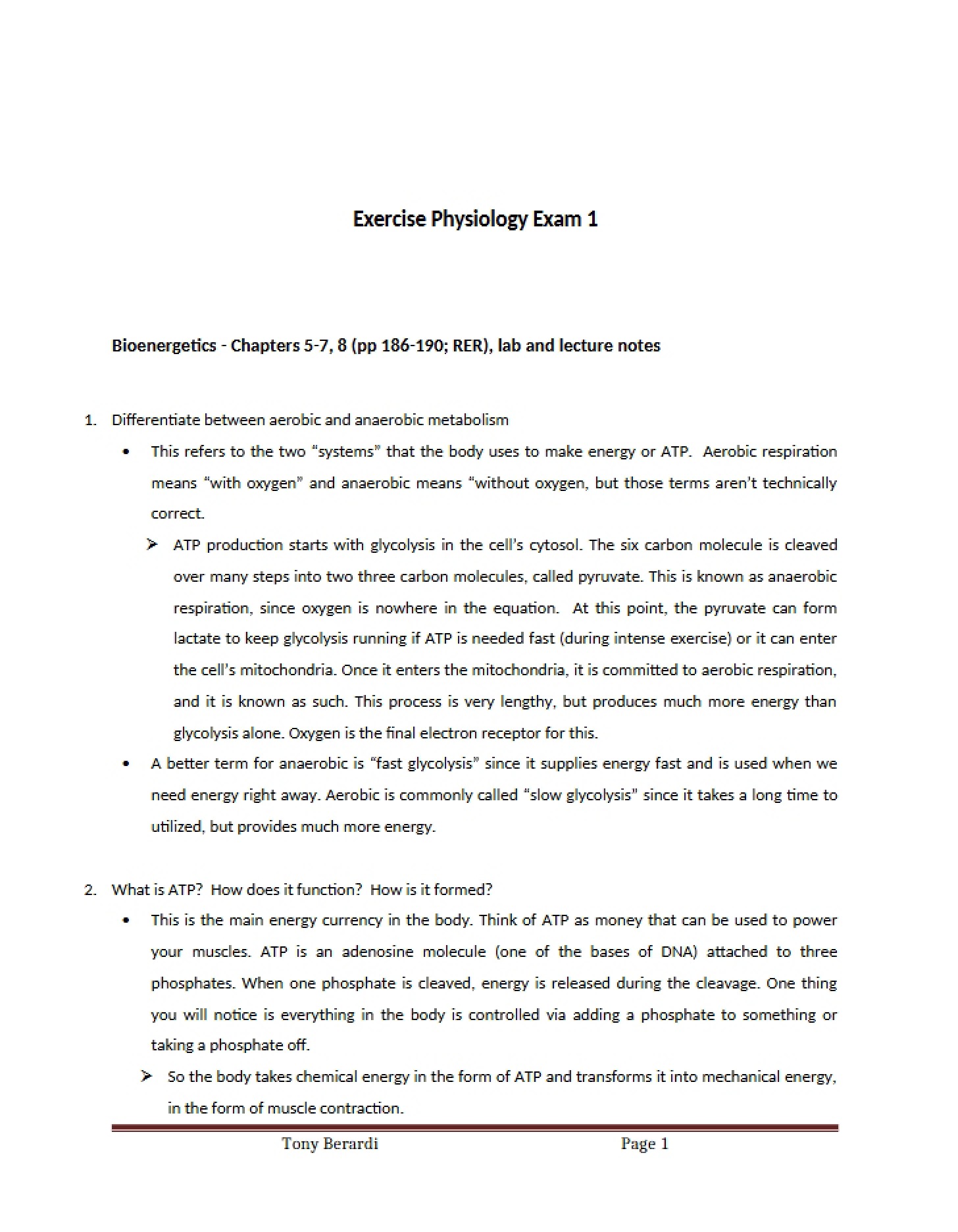 Exam 1 Exercise Physiology