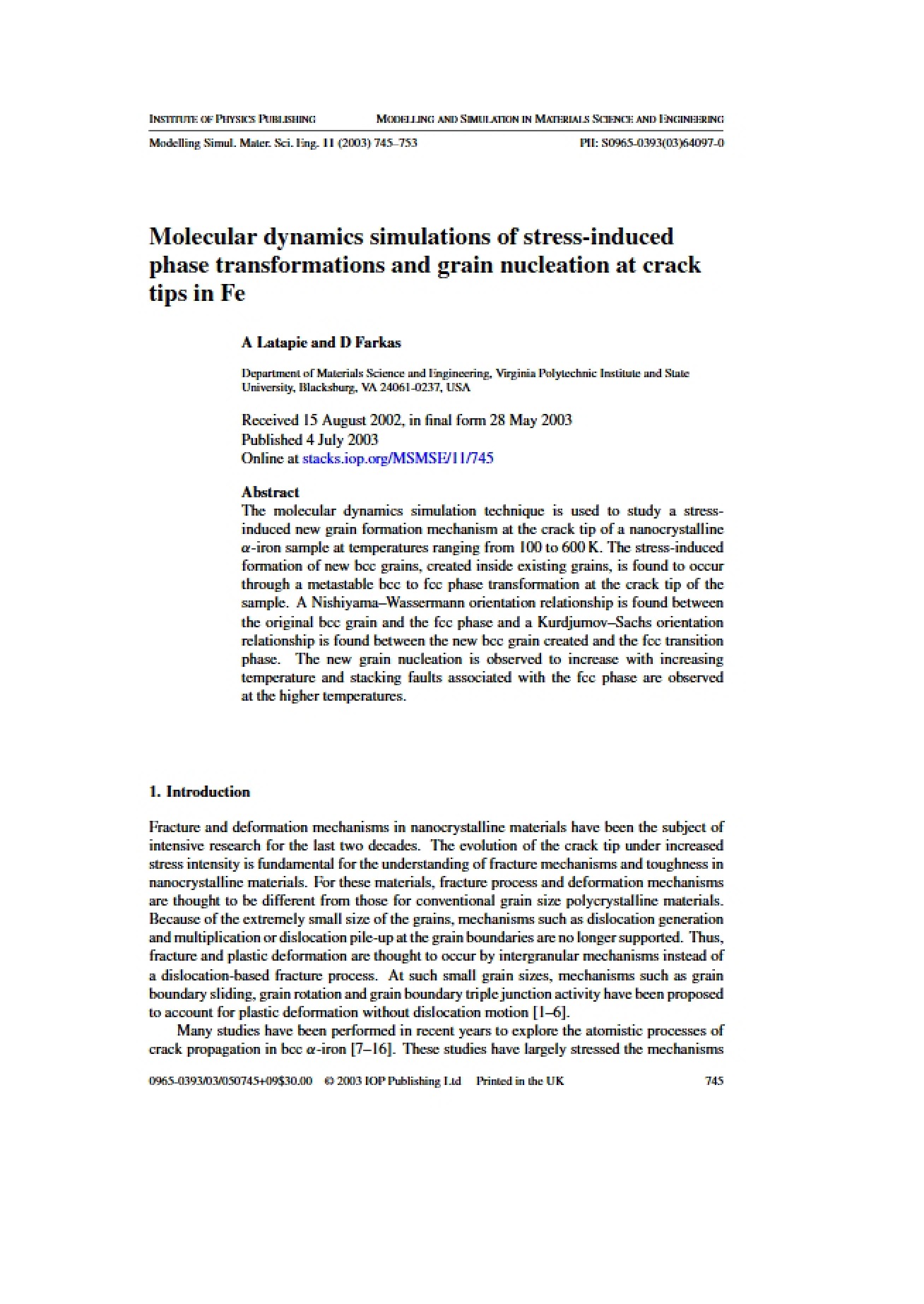 Stress-Induced Phase Transformations Molecular Dynamics