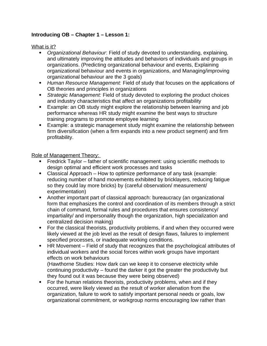 Chapter 1, Lesson 1 Notes - Organizational Behavior