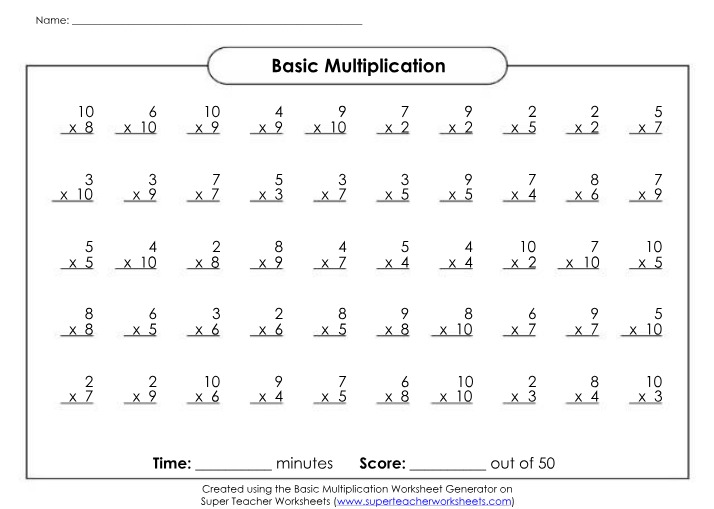 Basic Multiplication Worksheet Answer Key Version 1