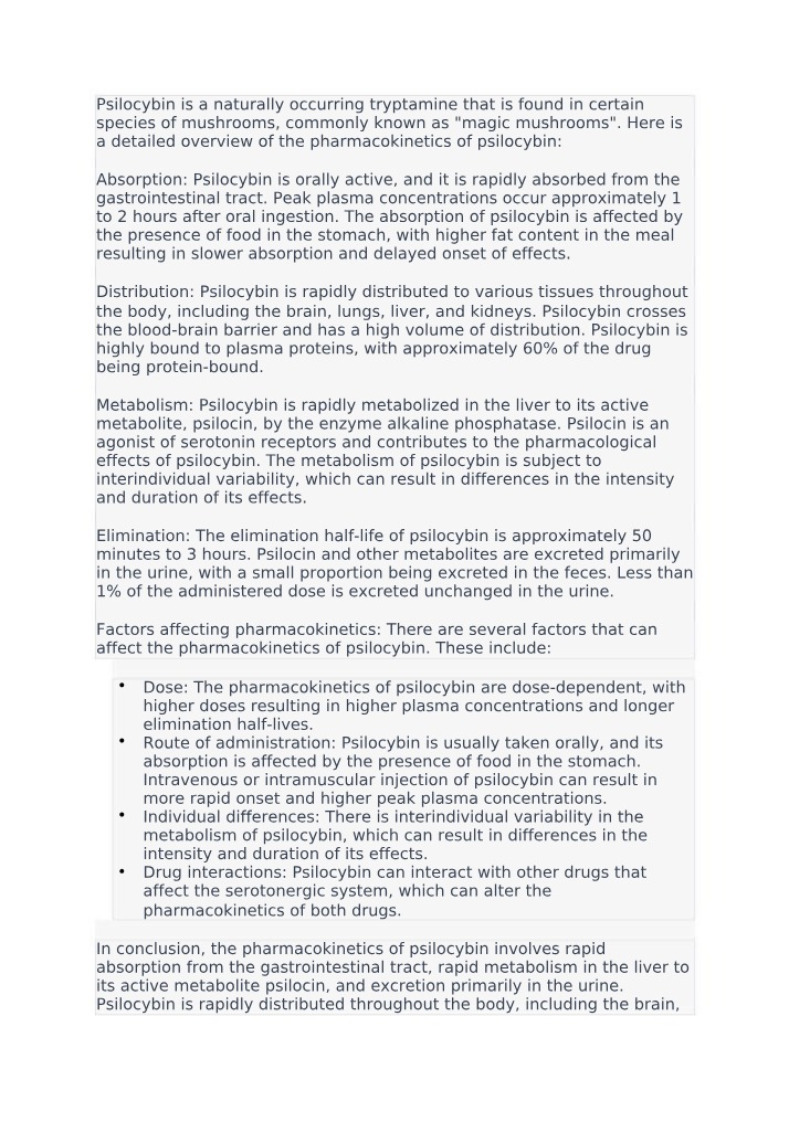 Pharmacokinetics of Psilocybin Absorption