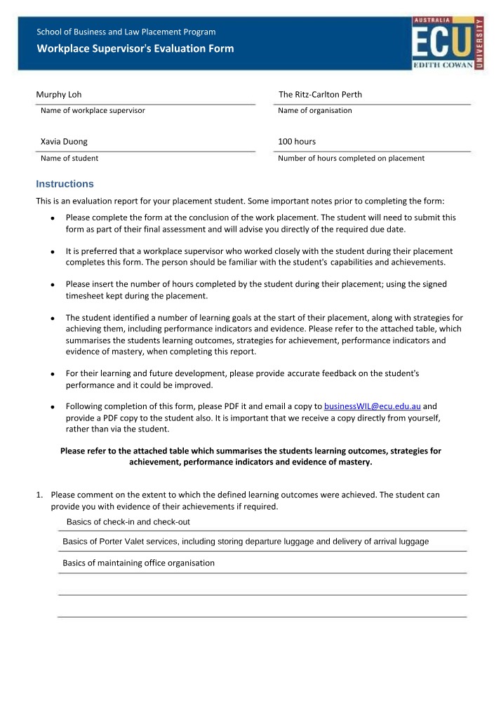 Workplace Supervisor Evaluation Form