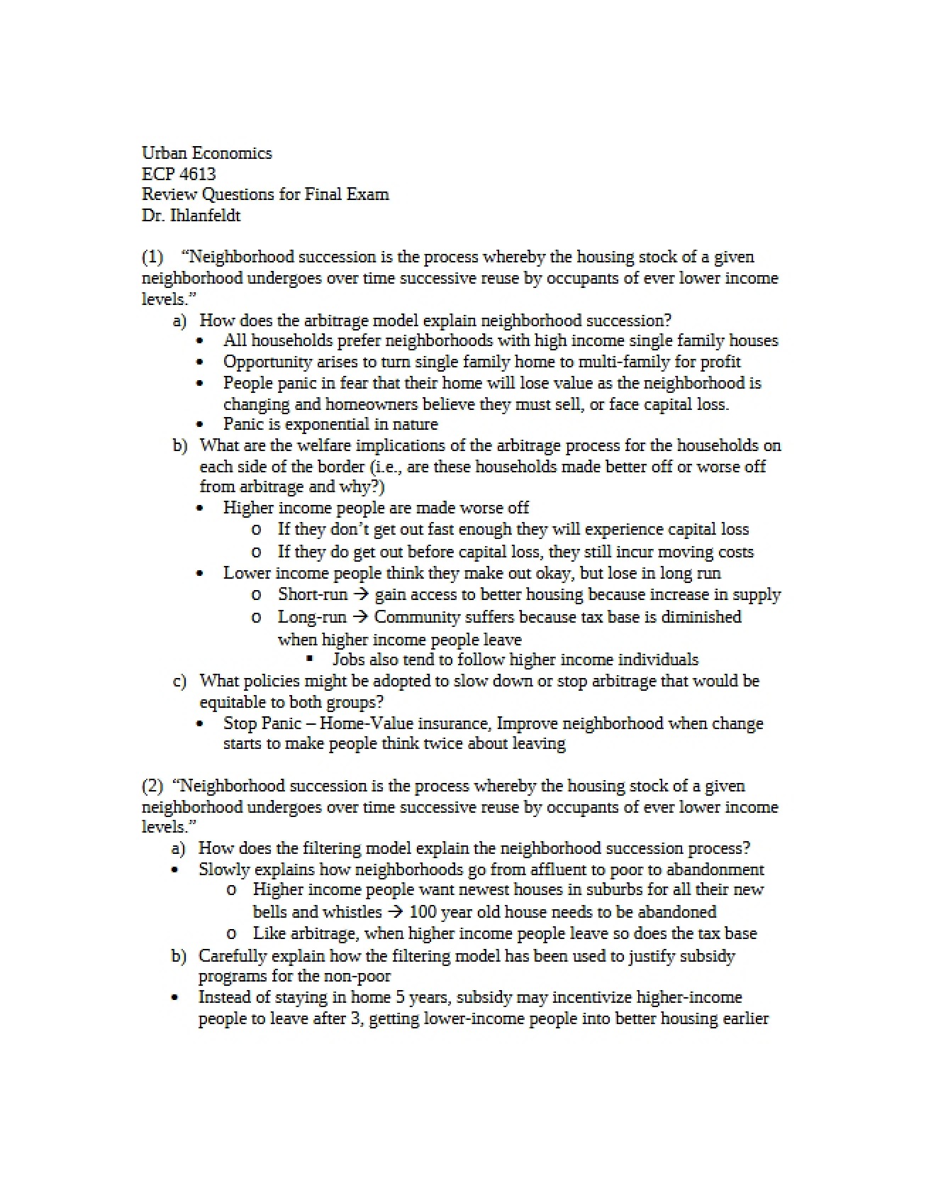 Final Examination on Urban Economics