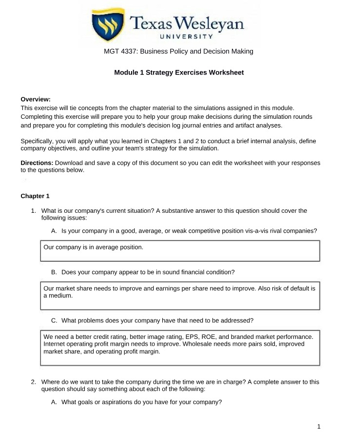 MGT 4337 Strategy Exercises - Module 1 Worksheet