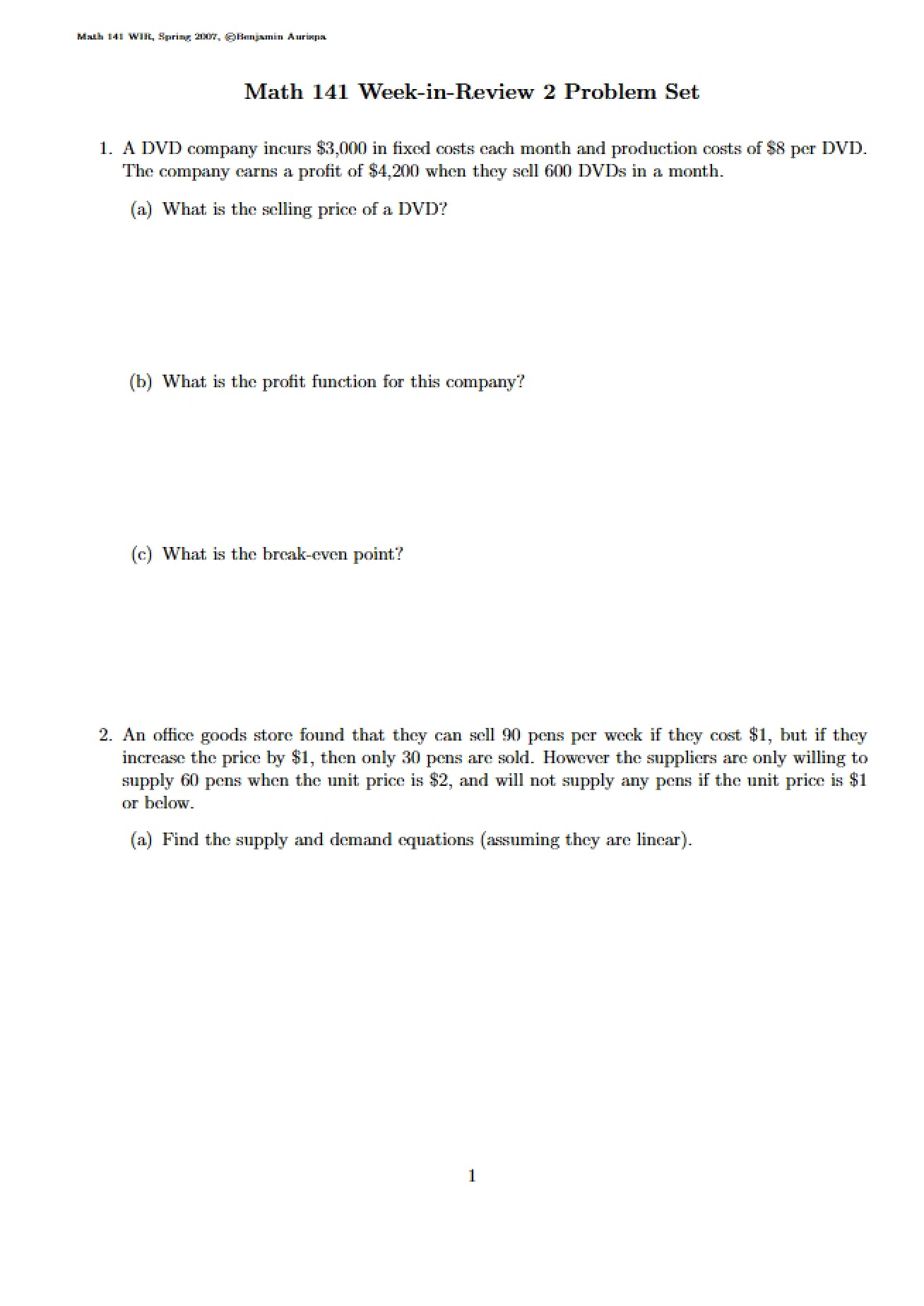 Math 141 Week in Review 2 Worksheet
