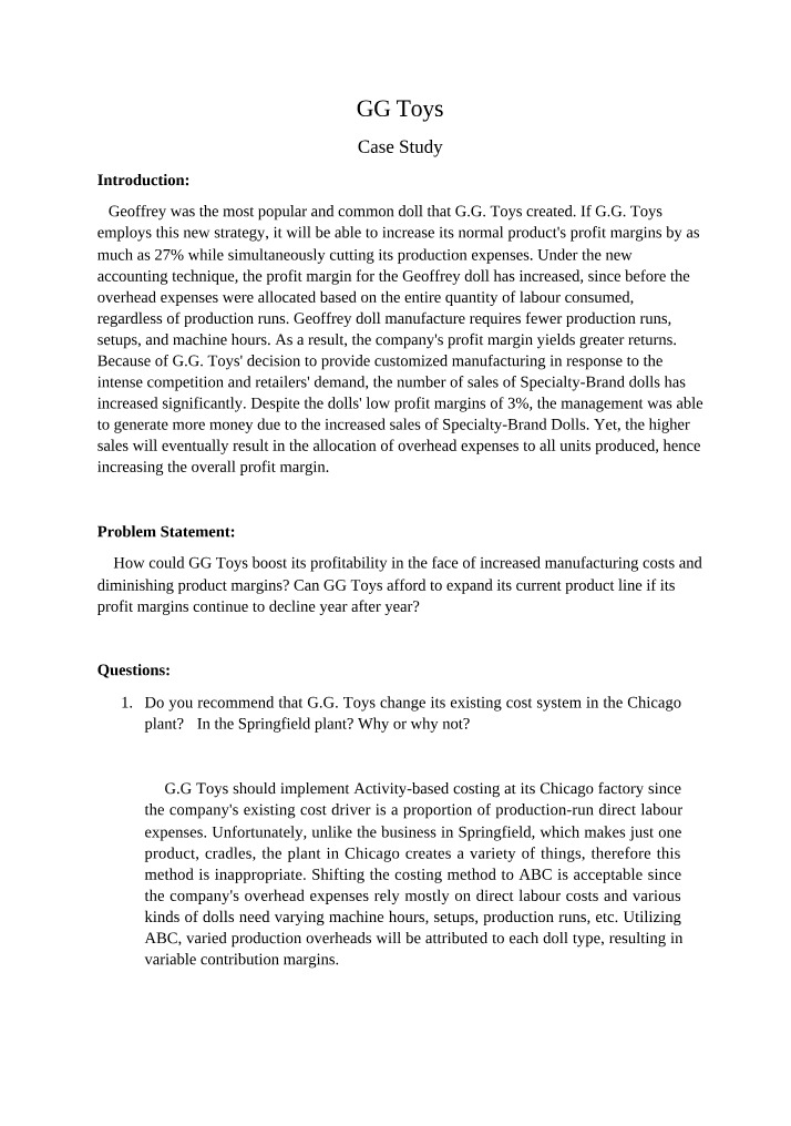 GG Toys Case Study - Boosting Profitability and Cost Analysis
