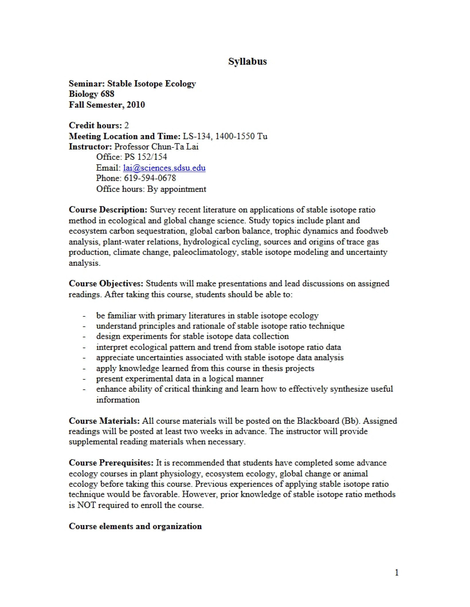 Seminar Syllabus Terrestrial Ecology