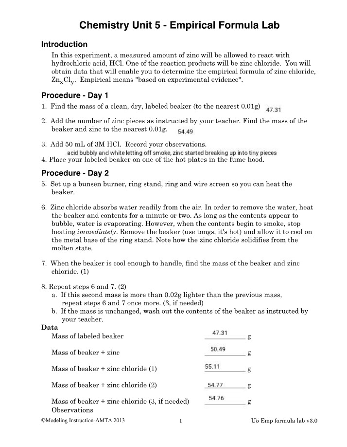 Zinc Chloride Empirical Formula Determination