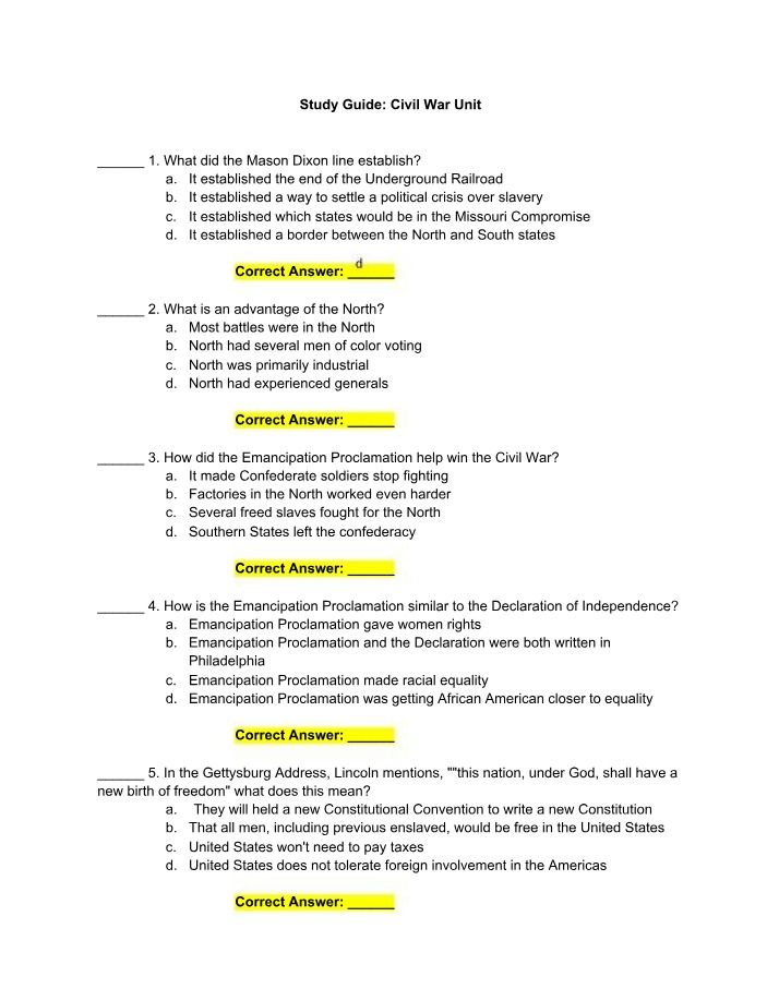Study Guide - The Civil War