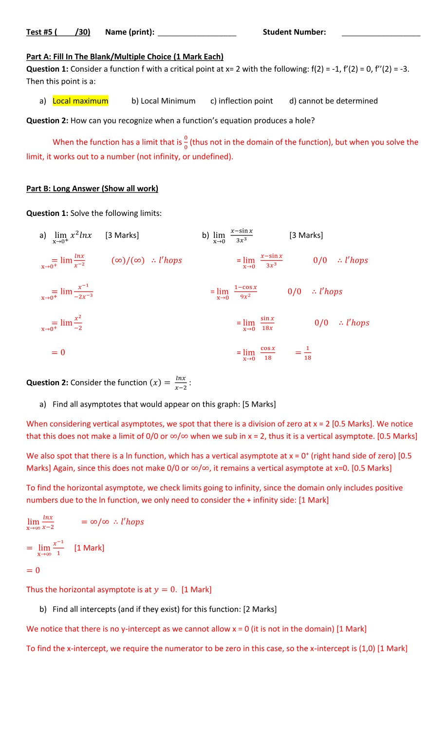Limits, Asymptotes, Intercepts, and Integrals Exam