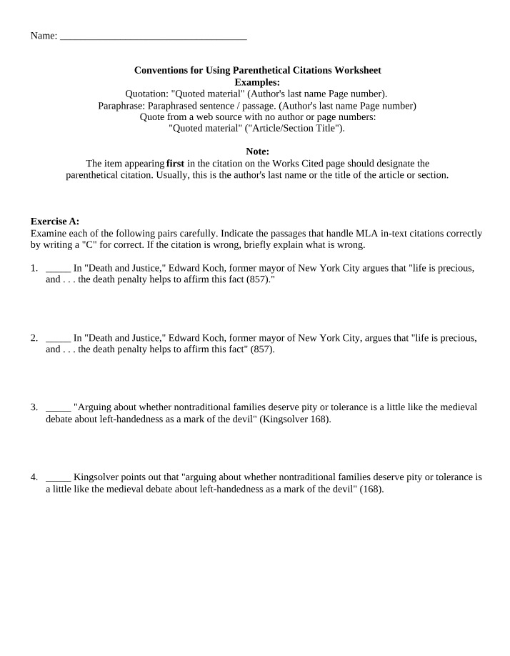 Worksheet for Parenthetical Citations
