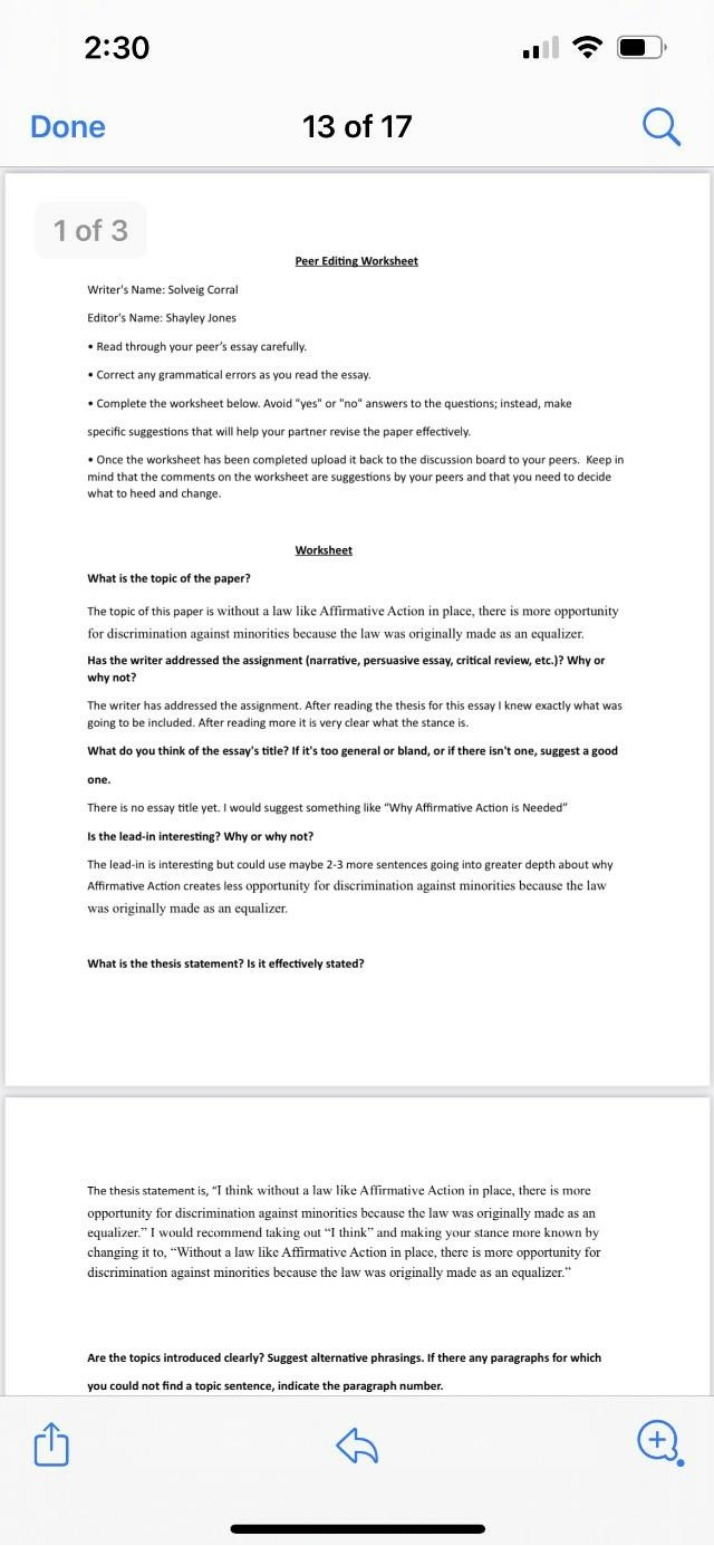 Worksheet for Improving Affirmative Action Essays