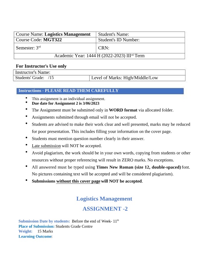 Assignment 2 for Logistics Management