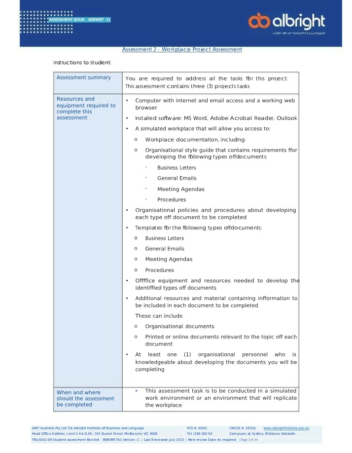 Workplace Project Assessment for BSBWRT411