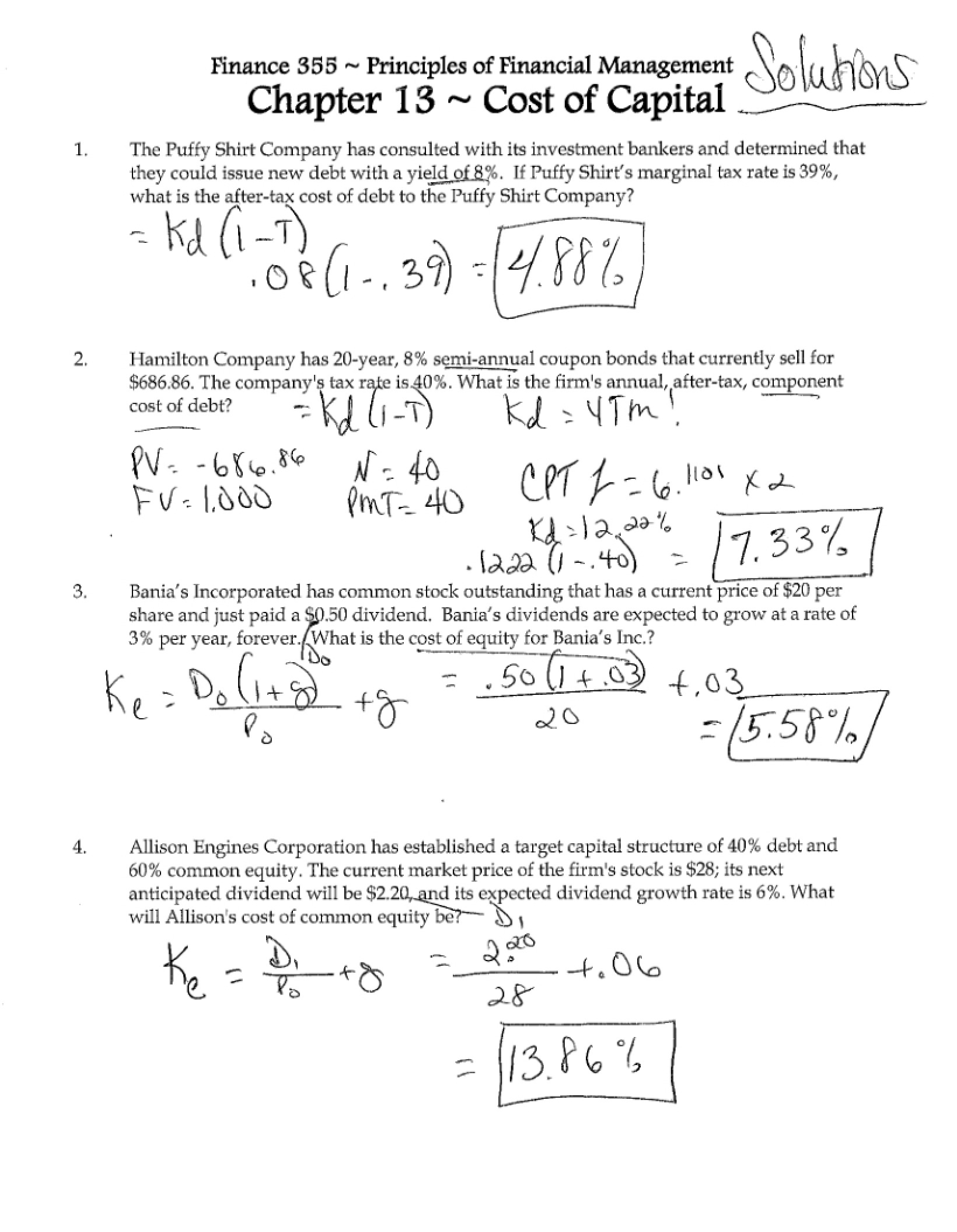 Solutions for Cost of Capital Worksheet