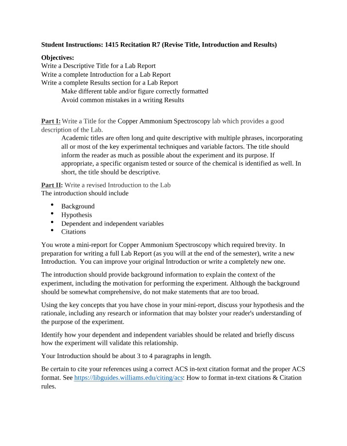 Descriptive Title, Introduction, and Results for a Lab Report