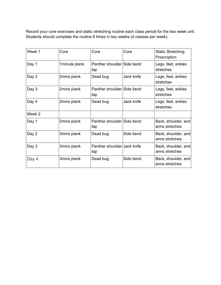 Tracking Sheet for Core Exercises and Stretching