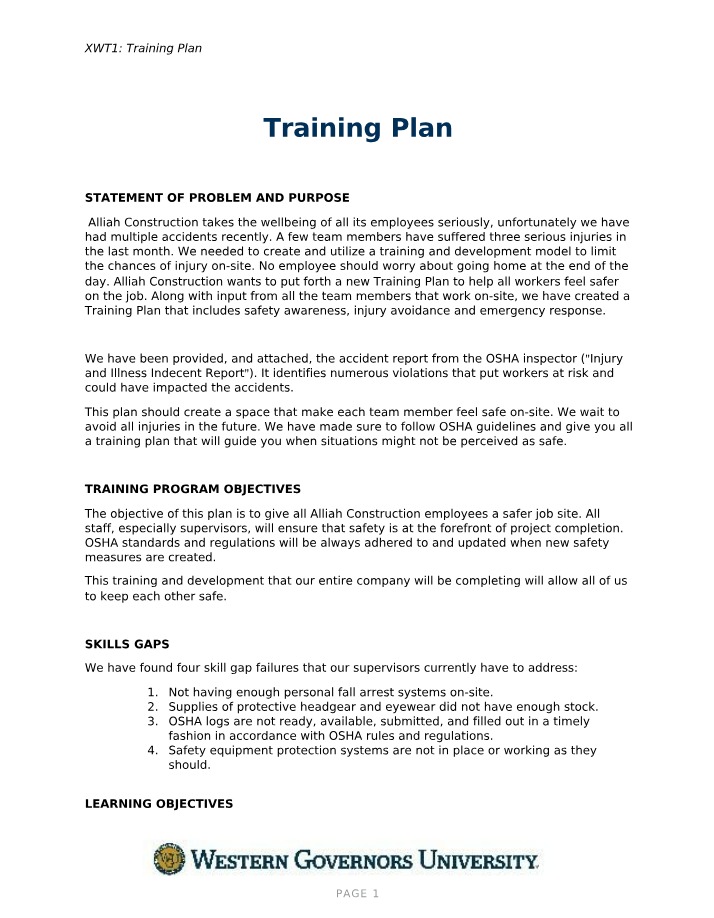 Safety Training Plan for Alliah Construction