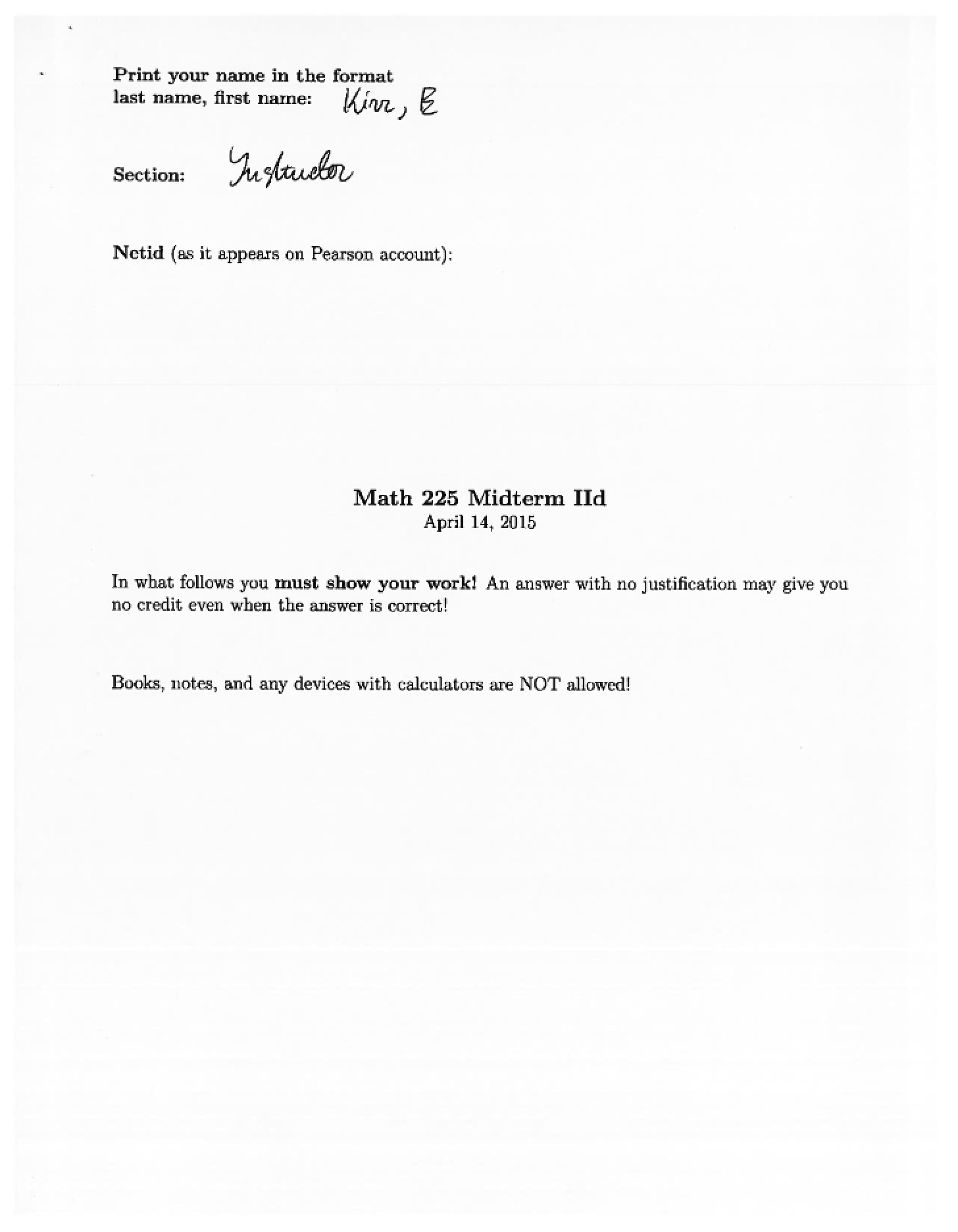 Solution Key Midterm 215D