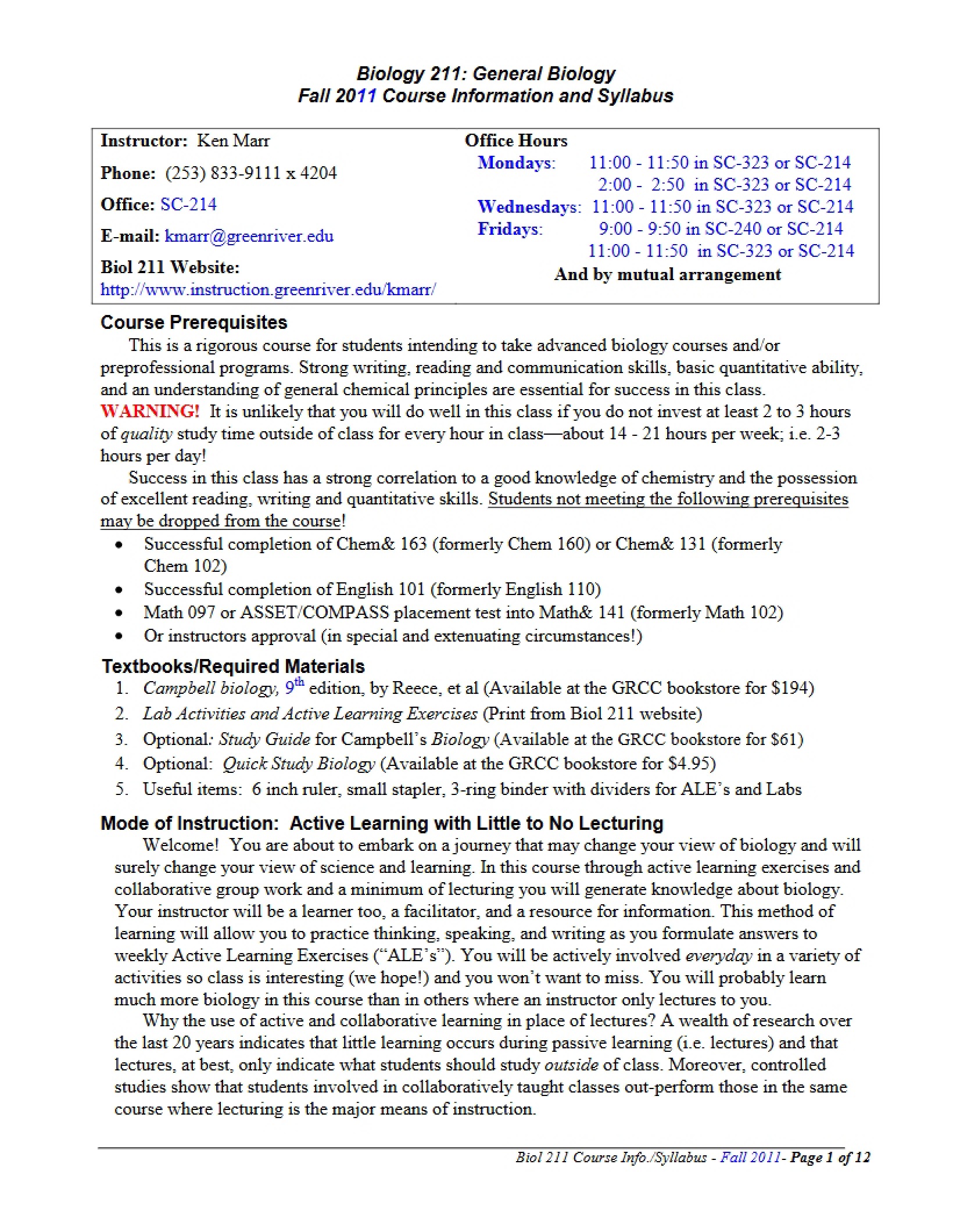 Majors Cellular Biology Syllabus