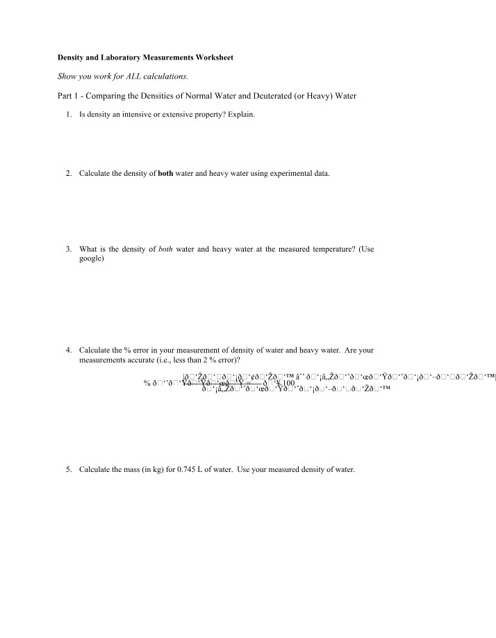 Worksheet on Density and Laboratory Measurements