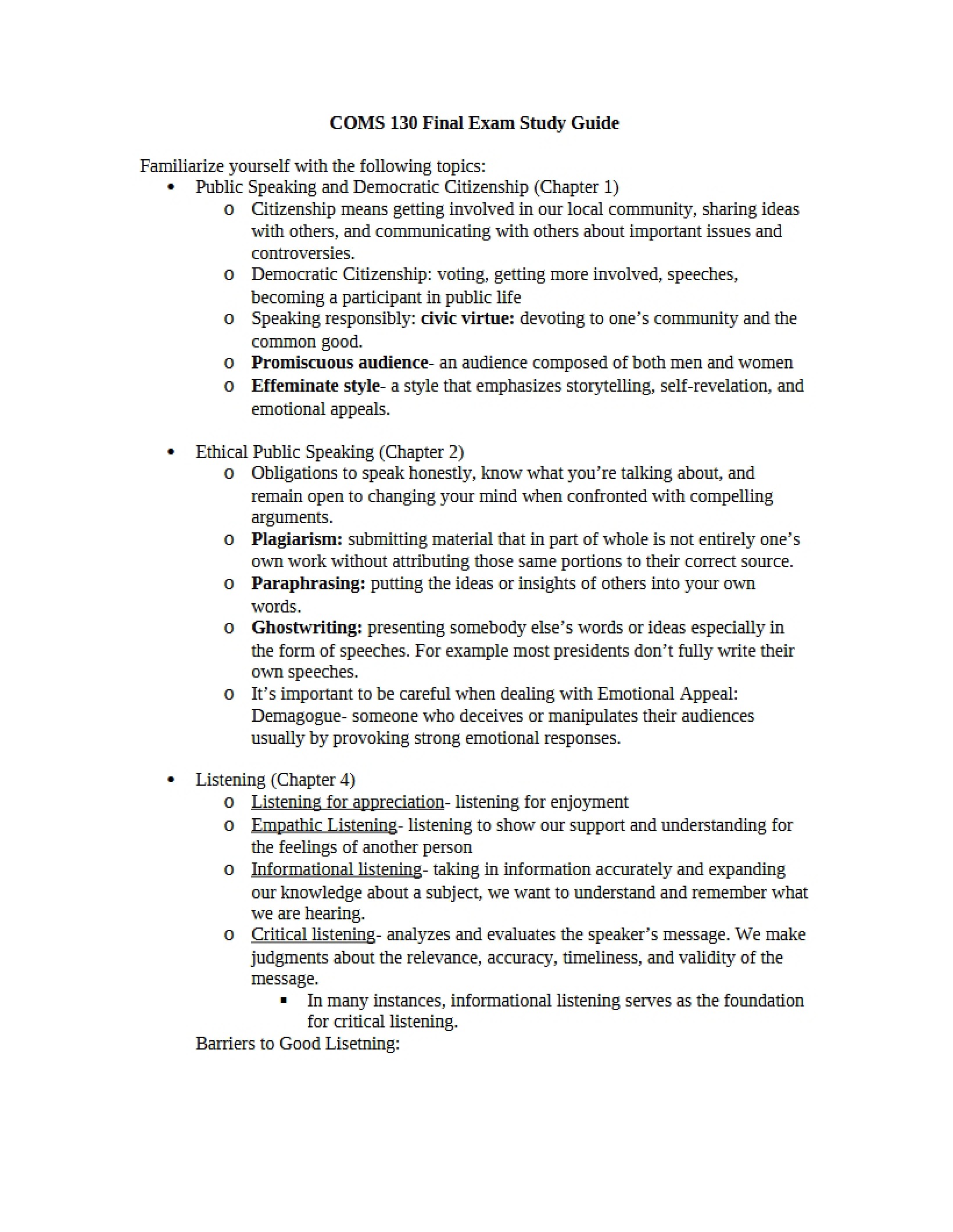 Study Guide for the Final