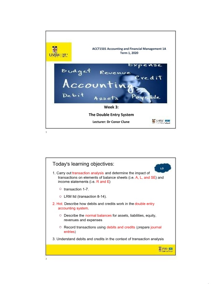 ACCT1501 Lecture Notes - Week 3 2020 T1