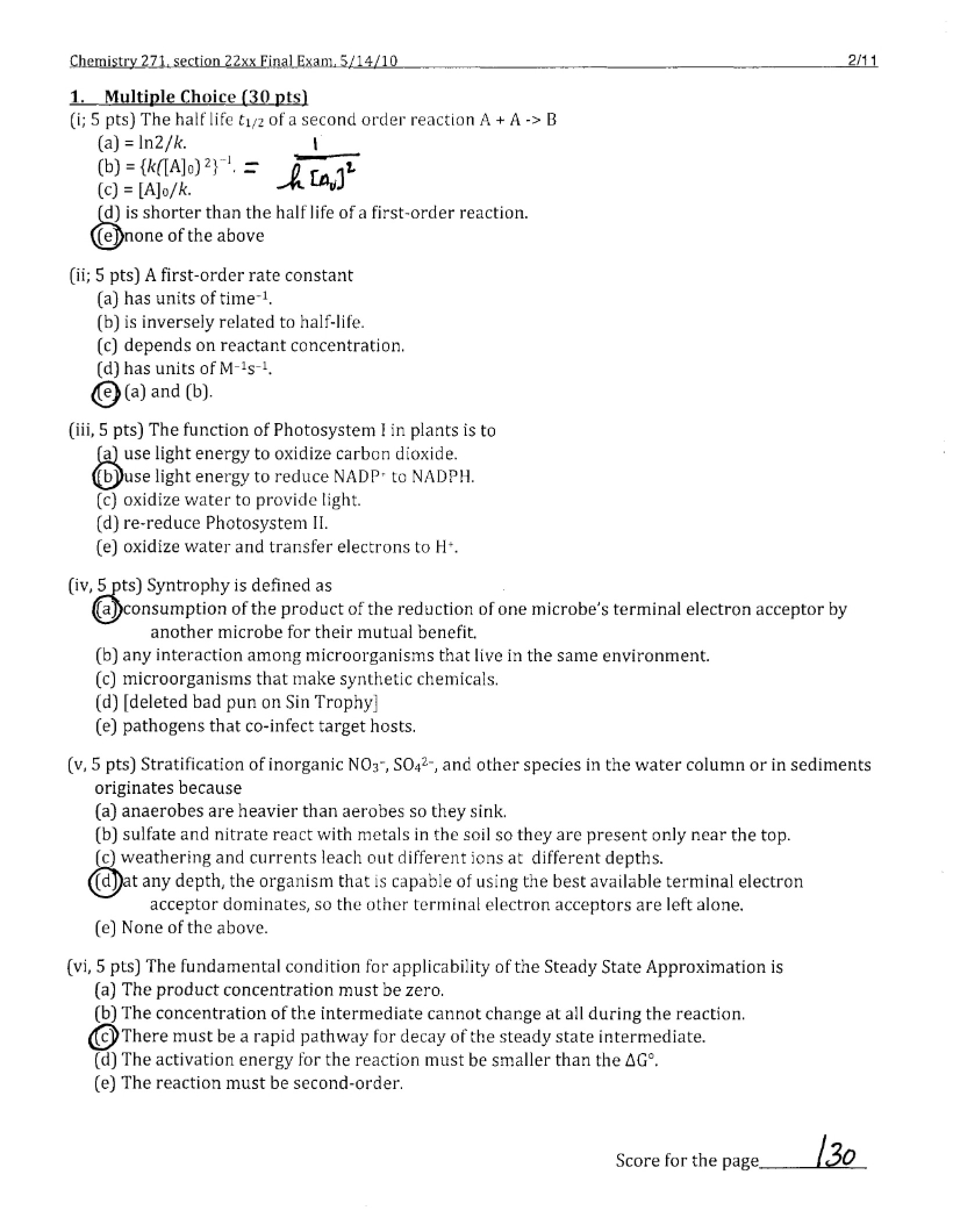 Key for Final Exam Answers