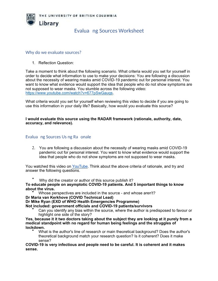 Worksheet for Evaluating Sources