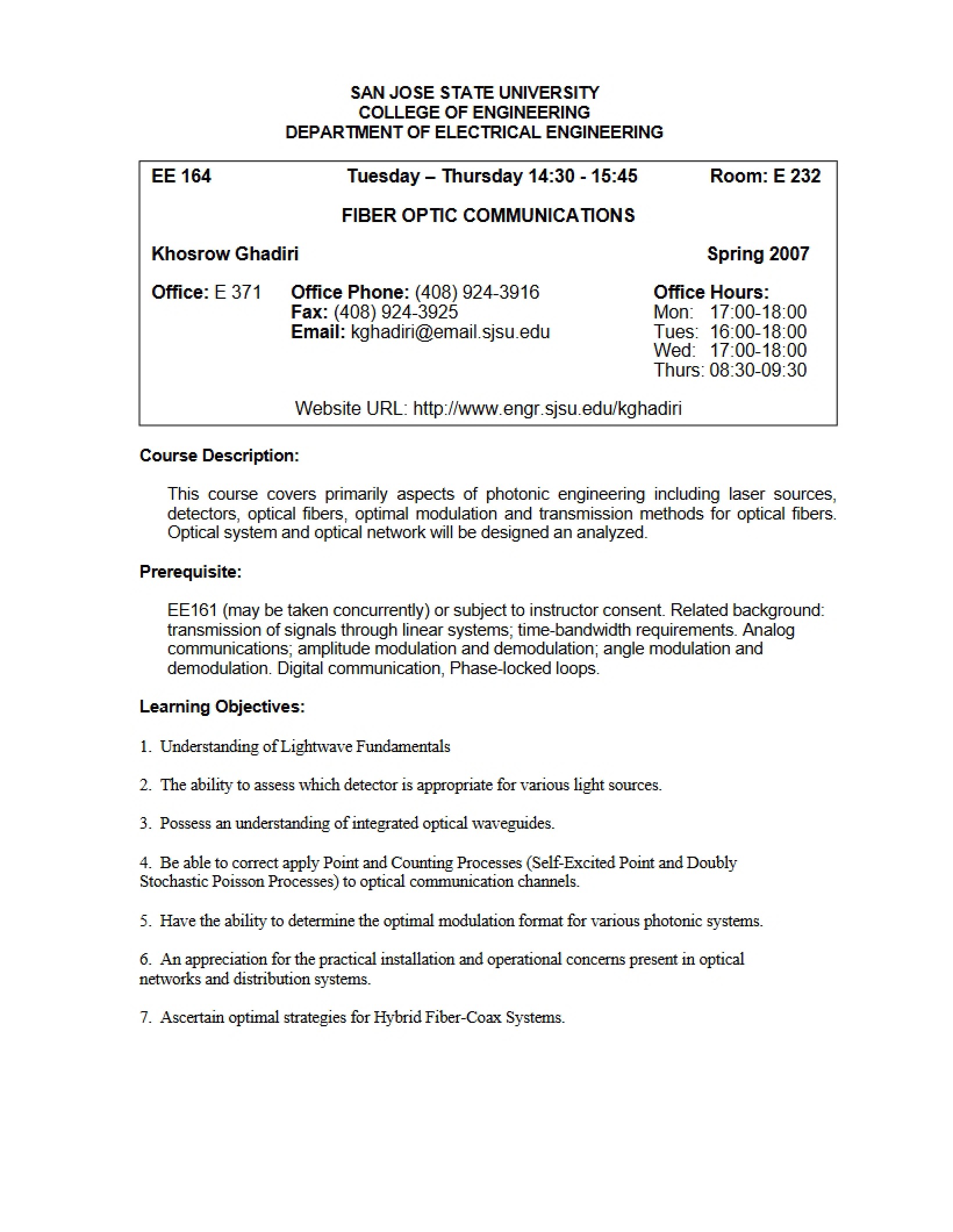 Syllabus for EE 164