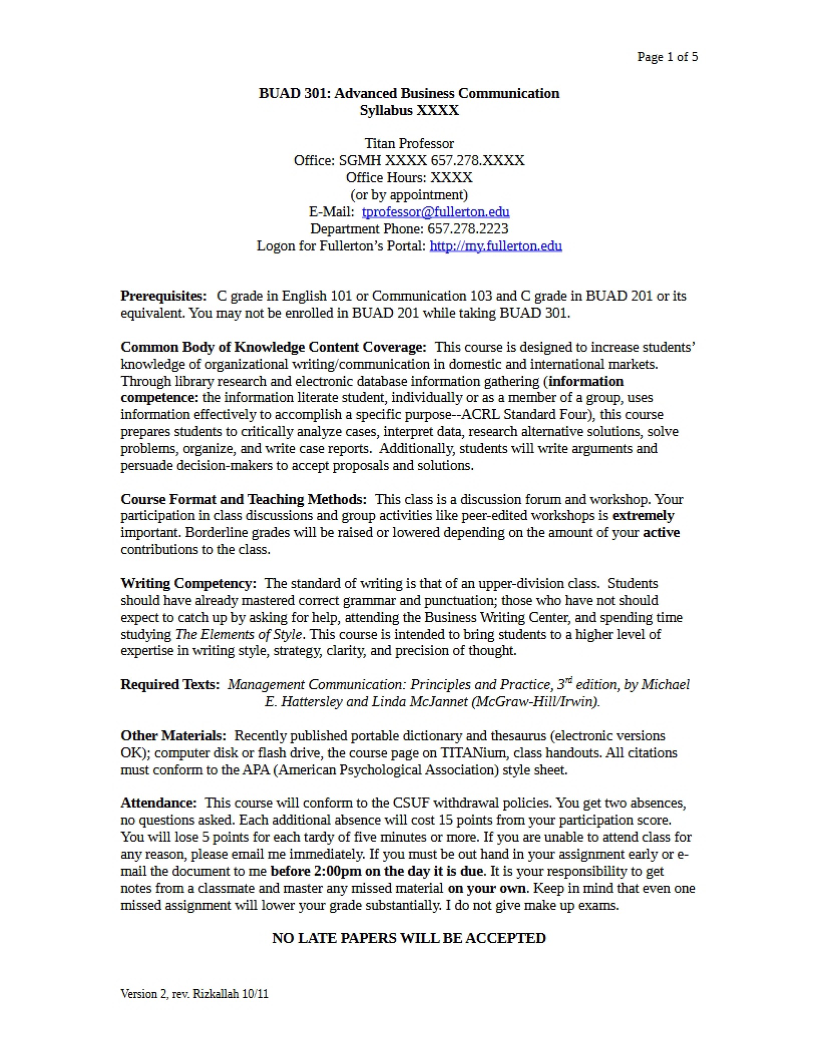 Syllabus for Advanced Business Communication