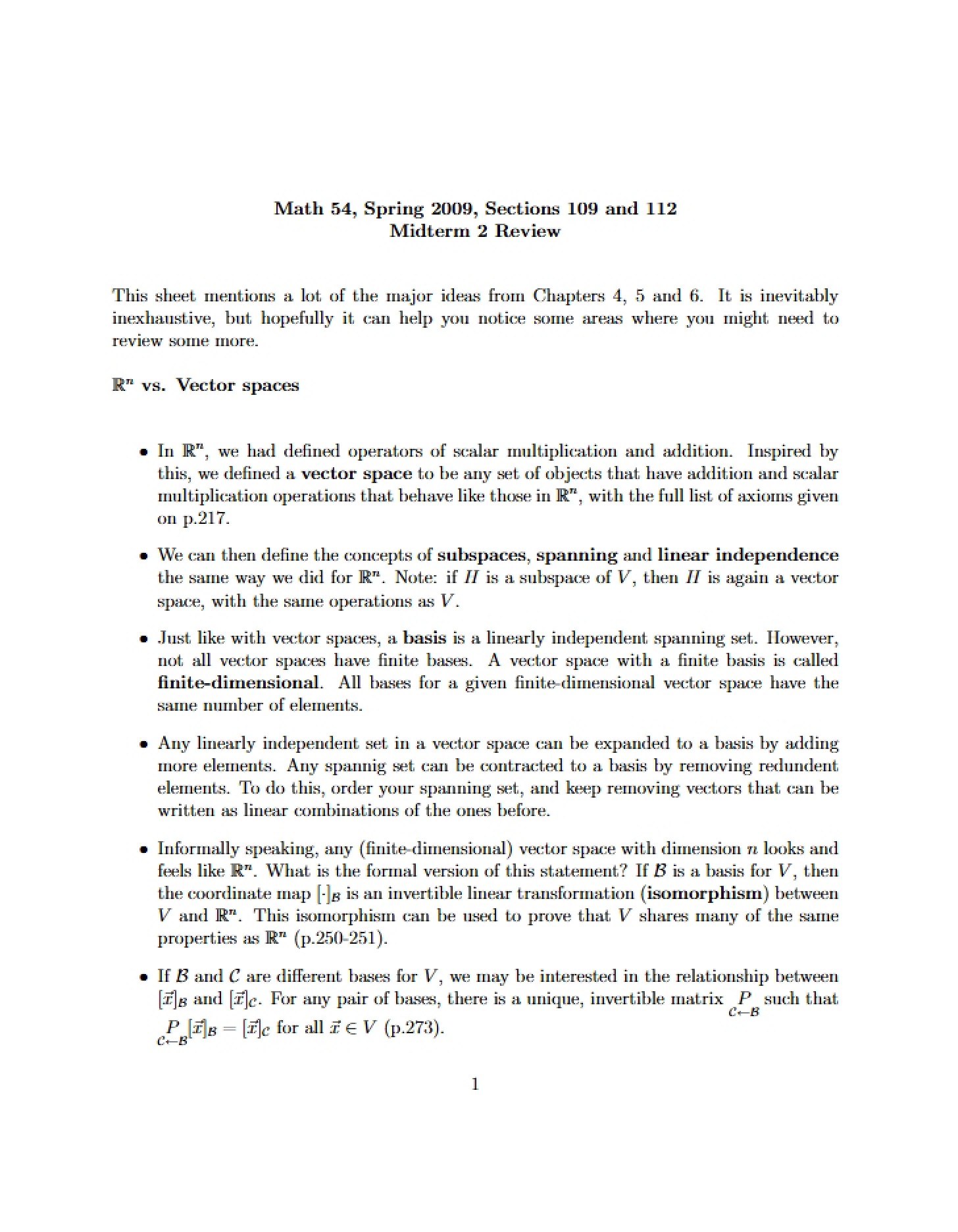 Review for Midterm (Math 54)