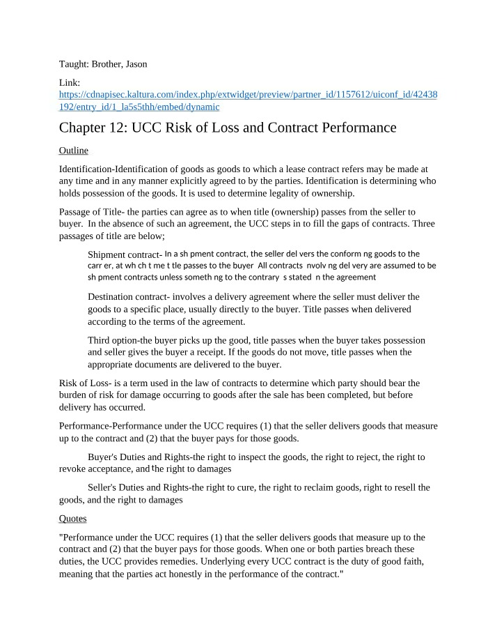 UCC Risk of Loss and Contract Performance - A Guide