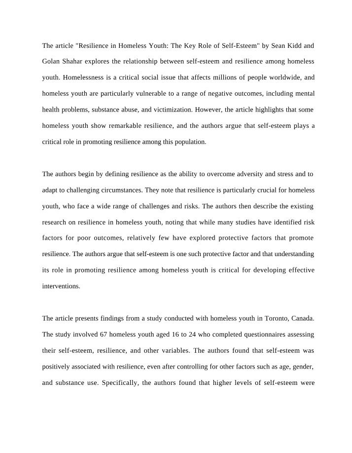 The Role of Self-Esteem in Homeless Youth Resilience