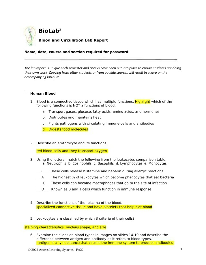 Lab Report - Functions of Blood - Transport, Heat Distribution, Pathogens