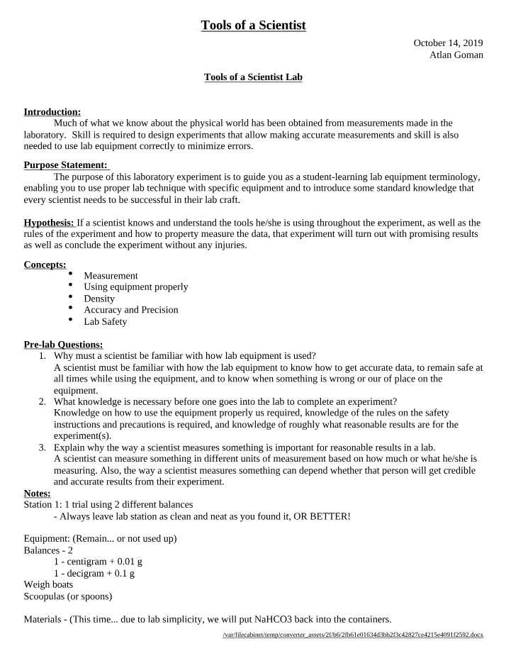 Lab Manual - Tools of a Scientist