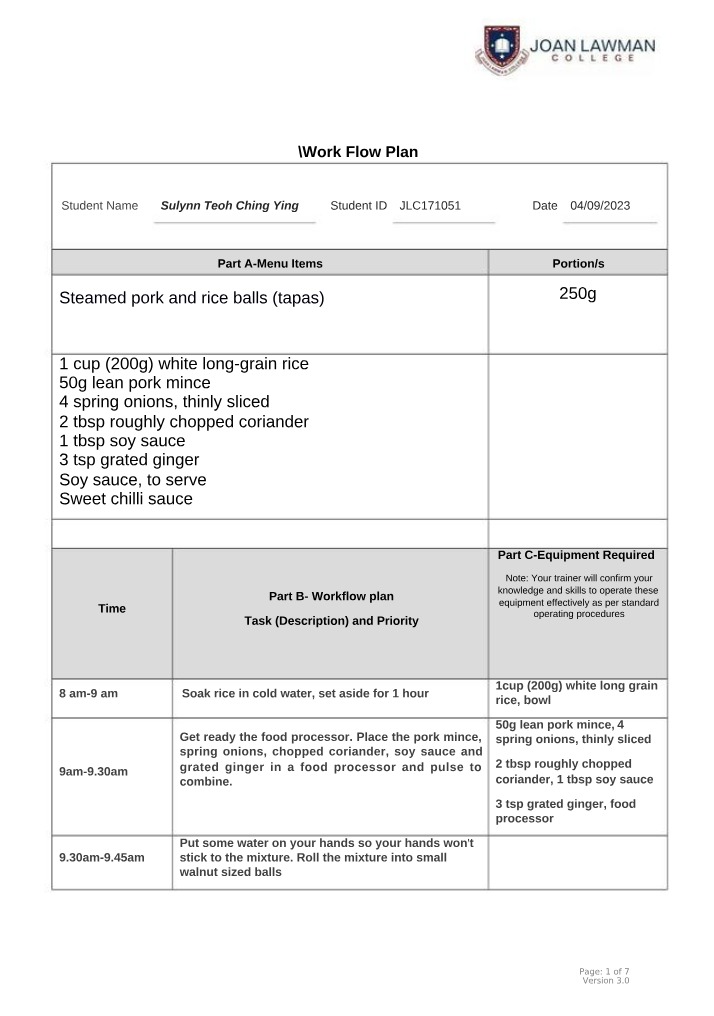 Workflow Plan for Steamed Pork and Rice Balls Recipe