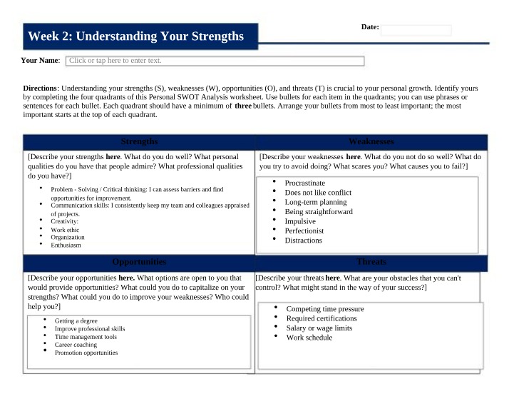Worksheet for Personal SWOT Analysis