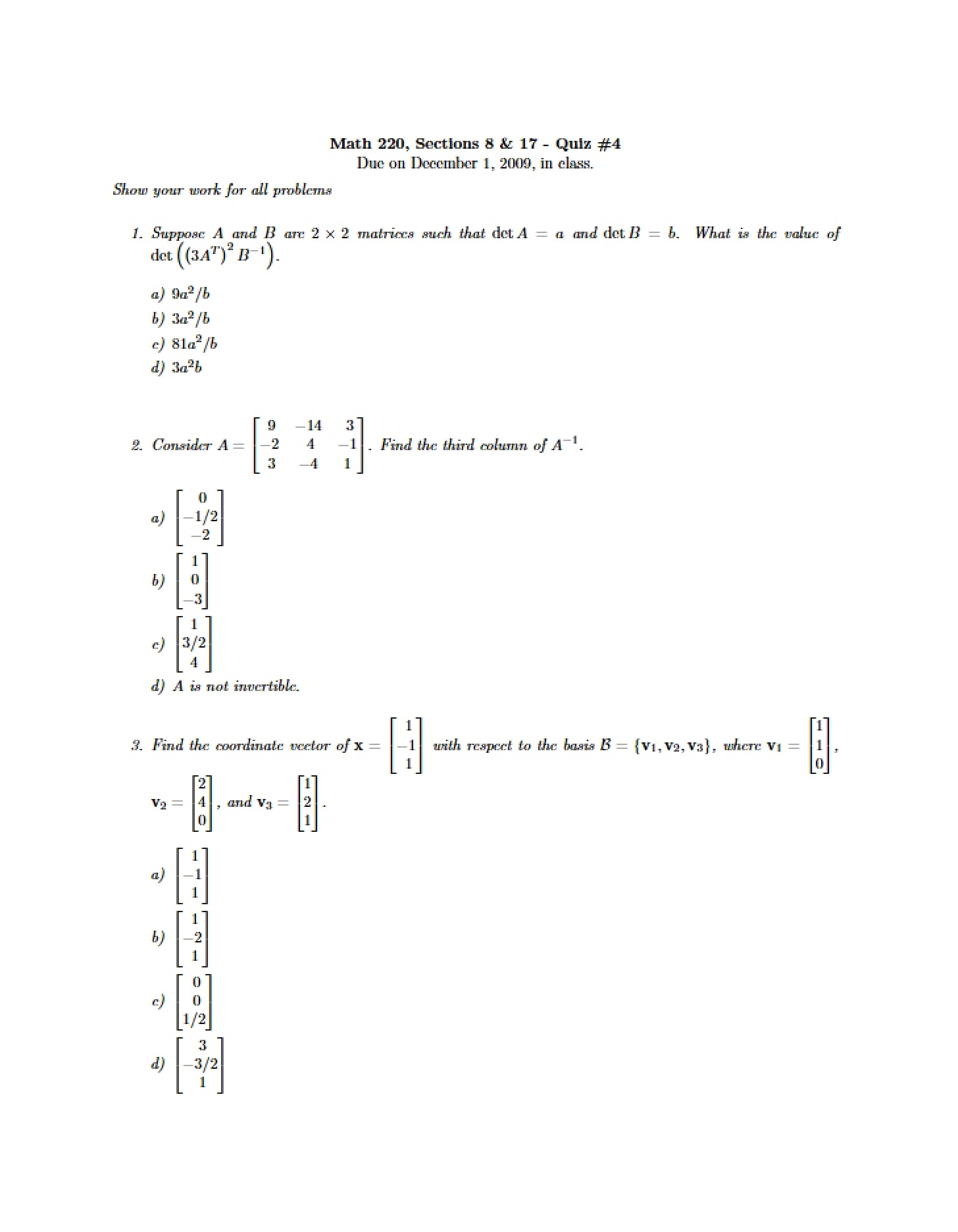 Quiz Assessment Math 220